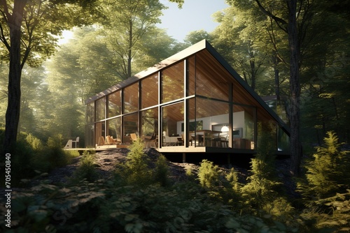 Modern glass house in the woods