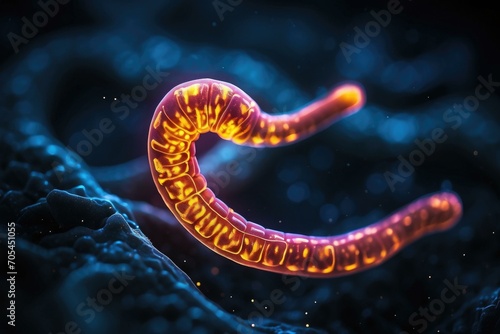 A microscopic parasite worm with a glowing red tail. Generative AI. photo