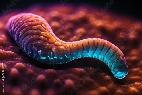A microscopic parasite worm with a blue and pink body. Generative AI. photo