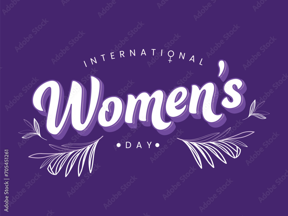 Stylish International Women's Day Font with Leaves on Purple Background. Can Be Used as Greeting Card or Poster Design.