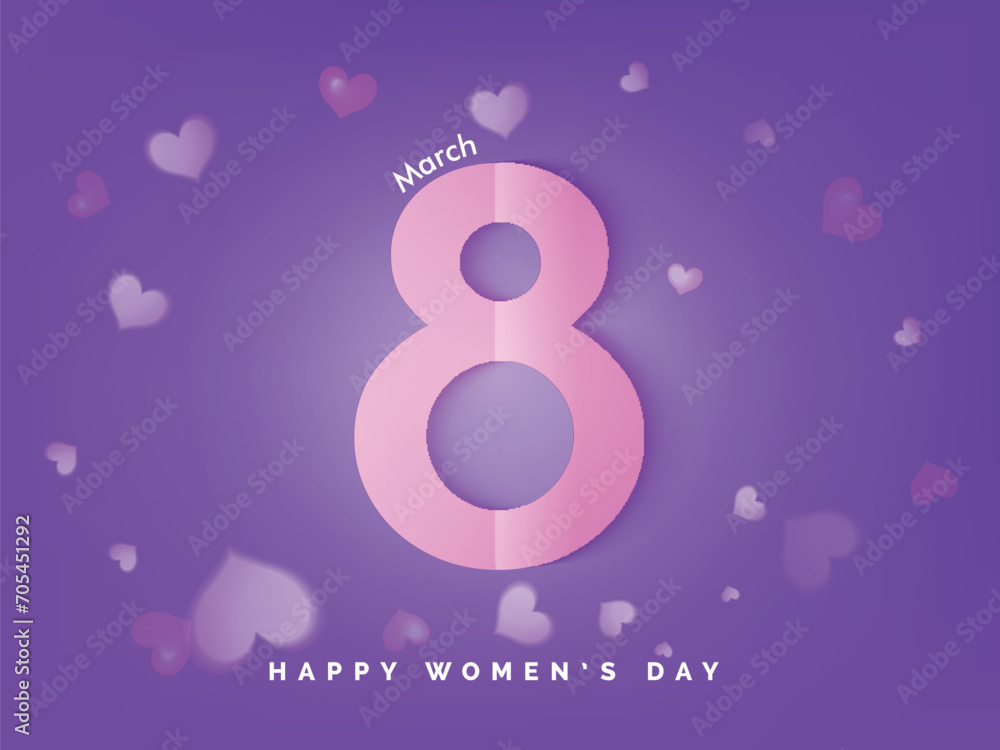 Pink Paper Number of 8 March on Tiny Hearts Decorated Blurred Purple Background for Happy Women's Day Concept. Can Be Used as Greeting Card. Pink Paper Number of 8 March on Tiny Hearts Decorated Blurred Purple Background for Happy Women's Day Concept. Can Be Used as Greeting Card.