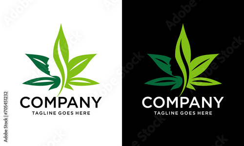 Creative woman face leaf marijuana logo design, face with cannabis negative space cbd symbol vector illustration.