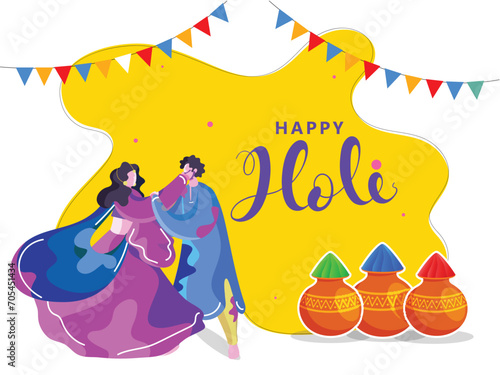 Illustration of Indian Young Couple Playing Holi Together