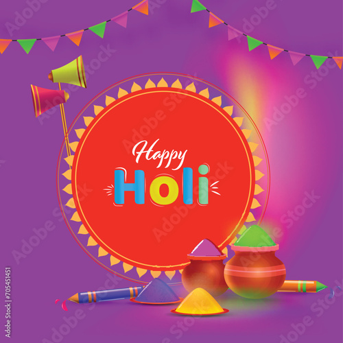 Happy Holi Celebration Concept with Water Guns (Pichkari), Loudspeaker, Dry Color (Gulal) in Mud Pots and Plate on Purple Background.