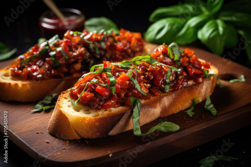 Bruschetta with half dried tomatoes and basil
