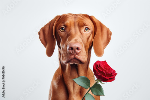 Charming red-haired vizsla dog with eyes closed holds a red rose in his mouth as a gift for Valentines Day on a white background. photo