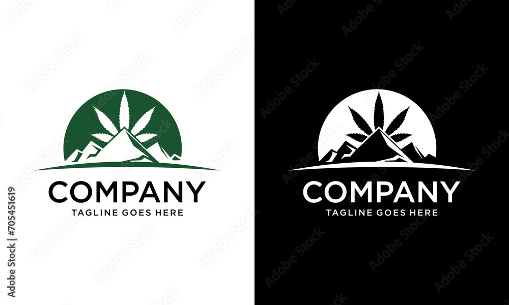 Creative Cannabis Pot Hemp Leaf with Hills Mountain Peaks for CBD or Cultivation logo design - obrazy, fototapety, plakaty 