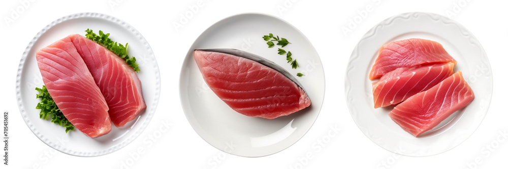 A set of tuna fish pieces on a plate with a transparent background is ...
