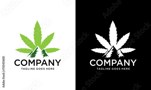 Creative Cannabis Pot Hemp Leaf with Hills Mountain Peaks for CBD or Cultivation logo design