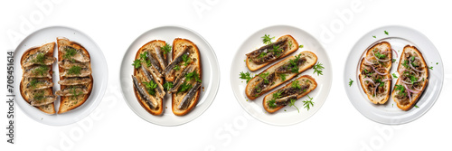 A set of sardine toasts with onion pieces on a plate with a transparent background is in the top view. PNG.