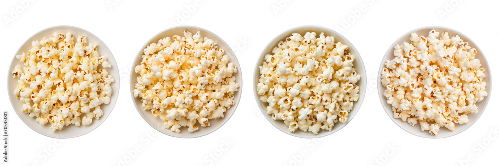 Set of popcorn on a plate on a transparent background is in the top view. PNG. Set of popcorn on a plate on a transparent background is in the top view. PNG.