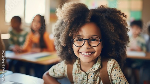 A bright and cute black girl in a junior classroom with a group of diverse bright children works diligently.