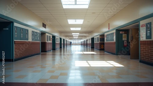 wide angle pushes into a long, empty hallway of a high school.