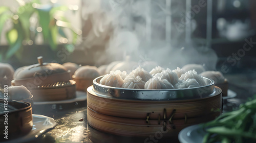 dimsum or dumplings are being made or steamed photo