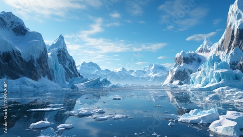 Winter Landscape: Frozen Glacier and Snowy Mountains with Blue Sky © senadesign