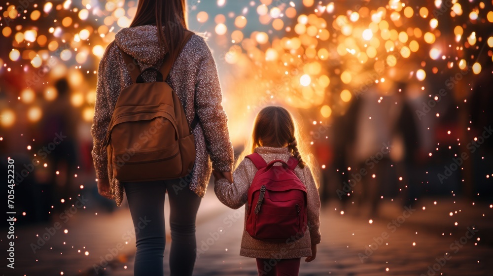 Mother and daughter holding hands Women and girls with backpacks on their backs go to school with fairy lights shining through. Mother and daughter holding hands Women and girls with backpacks on their backs go to school with fairy lights shining through.