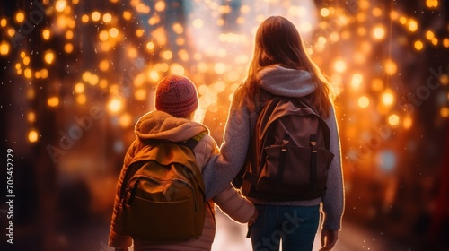 Mother and daughter holding hands Women and girls with backpacks on their backs go to school with fairy lights shining through. photo