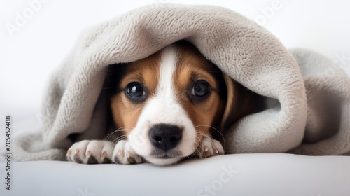 Funny puppy wrapped in a blanket white background