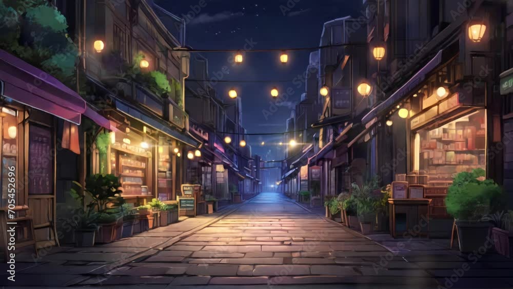 Animated illustration of a street in front of a busy traditional market with shops selling goods, with lights on at night. Can be used for sales activities. Background animation. Animated illustration of a street in front of a busy traditional market with shops selling goods, with lights on at night. Can be used for sales activities. Background animation.
