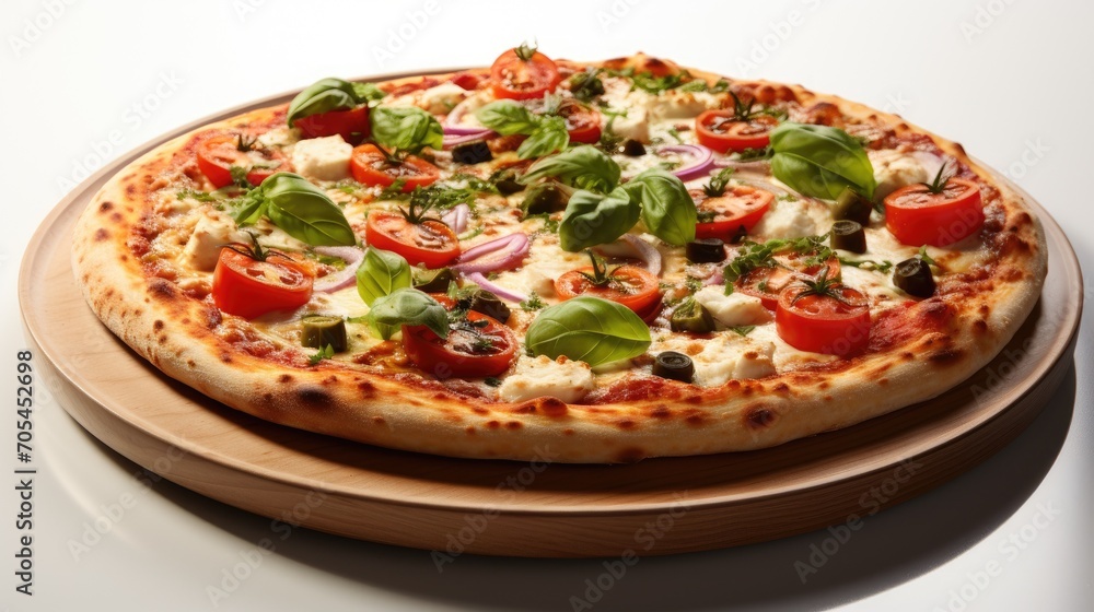 Italian pizza with melted mozzarella cheese, green olives, tomatoes, vegetables and basil leaves Italian pizza with melted mozzarella cheese, green olives, tomatoes, vegetables and basil leaves