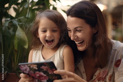 Happy family mother and cute little daughter laughing Look at the mobile screen photo