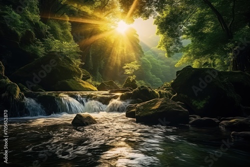 Nature  river  waterfall  forest  morning sun  magical  ancient and magical forest.