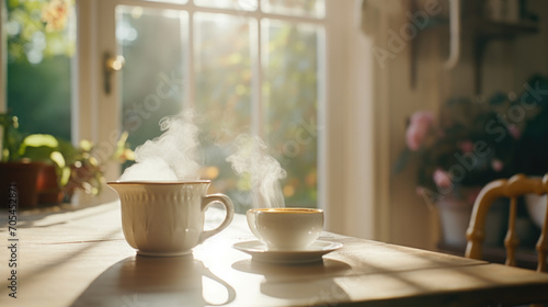 Steaming cup of coffee on a farm table.