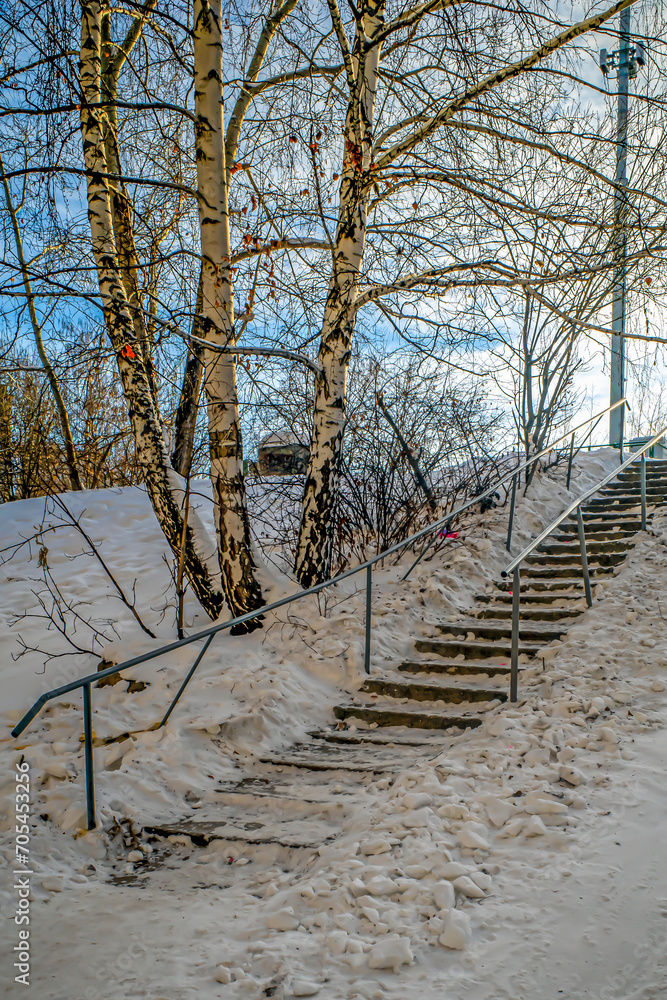 Stone staircase in the city park on a winter day