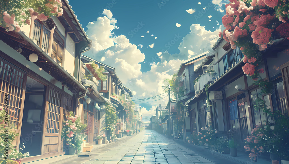 A street scene in an anime setting - obrazy, fototapety, plakaty 