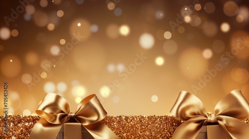 Seamless luxury gold background with golden ribbon elements with glittering light decoration.