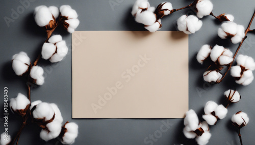 Simple and elegant card design with cotton branches on a grey background. 