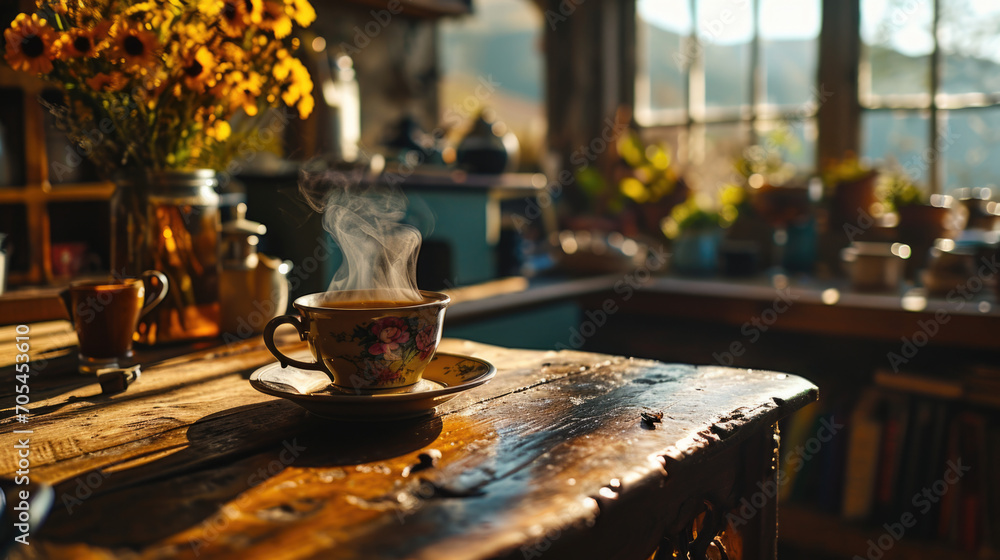 Steaming cup of coffee on a farm table. Steaming cup of coffee on a farm table.