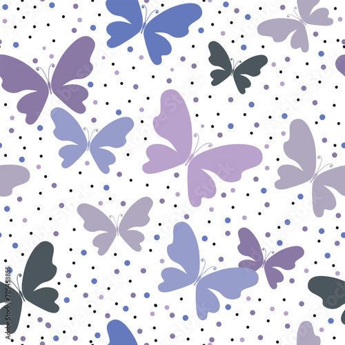 Fun simple seamless spring pattern with flying butterflies and colorful dots in pastel colors on a transparent background. Vector image