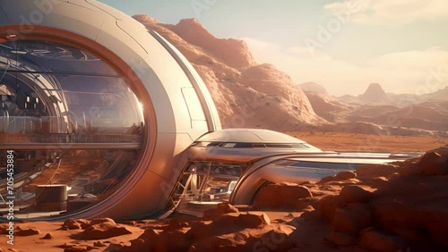 A detailed view of a futuristic, selfsustaining habitat on the surface of Mars, designed to support human life and further exploration. photo