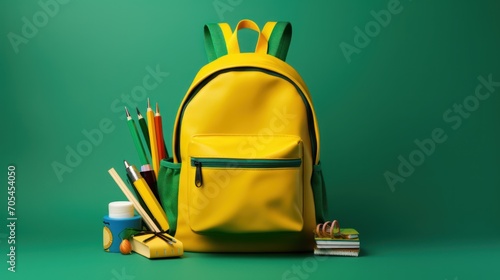 Yellow backpack with school supplies School concept