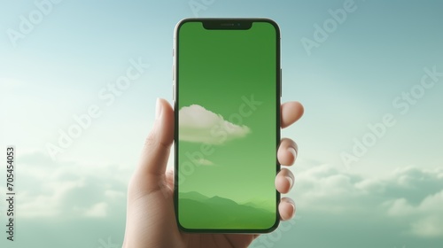 hand holding a mobile phone with a vertical green screen photo