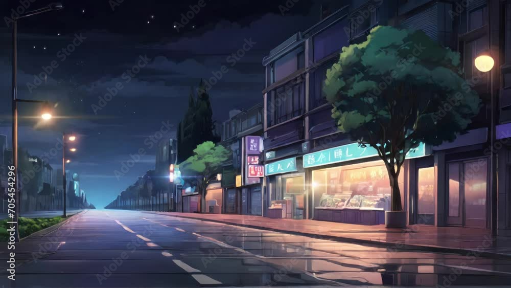 Animated illustration of a highway in front of a quiet shop, at night ...