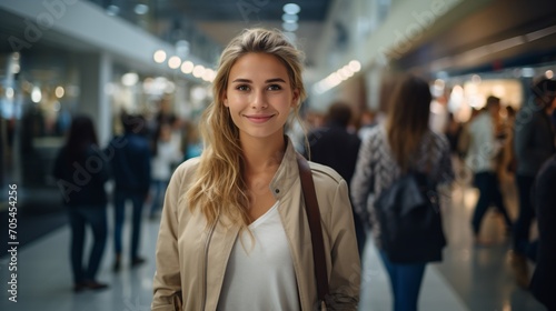 Portrait of a young blonde woman in a shopping mall