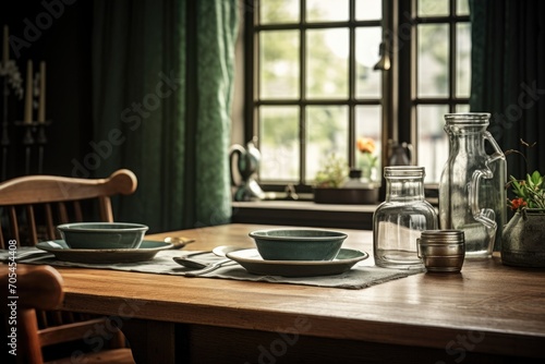 Rustic wooden dining table set near window in cozy home. Home interior and design.