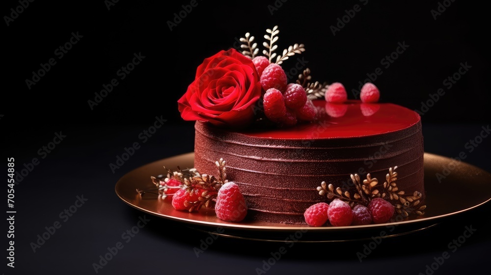 Red cake with decorations.. Generative AI Red cake with decorations.. Generative AI