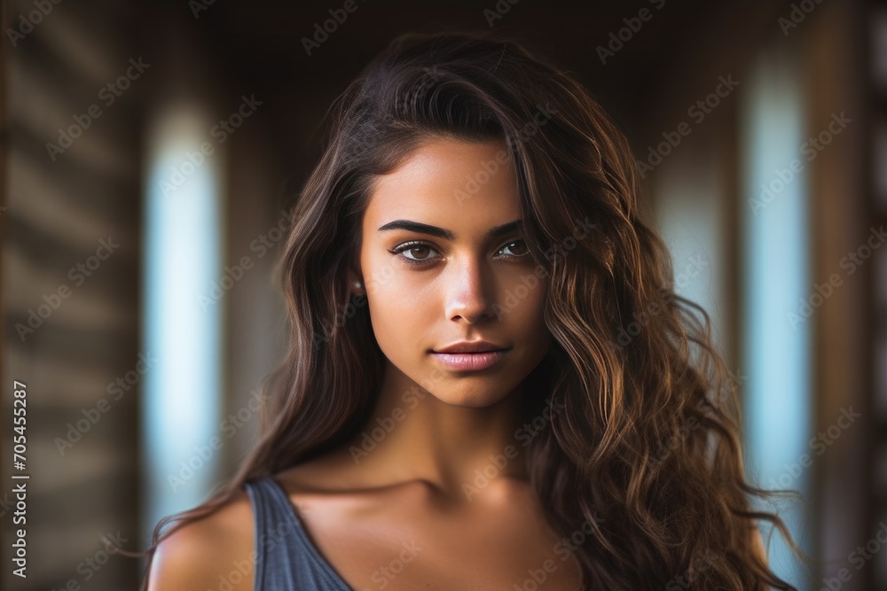 Confident woman with natural makeup in sunlit room. Beauty and confidence. Confident woman with natural makeup in sunlit room. Beauty and confidence.