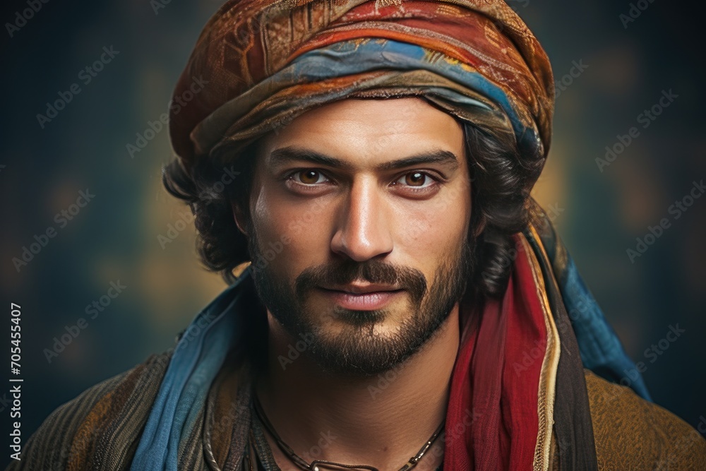 Serious man in traditional Middle Eastern attire with intense gaze. Cultural portrait. Serious man in traditional Middle Eastern attire with intense gaze. Cultural portrait.