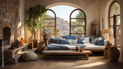 Modern living room interior with large windows and a comfortable sofa © duyina1990