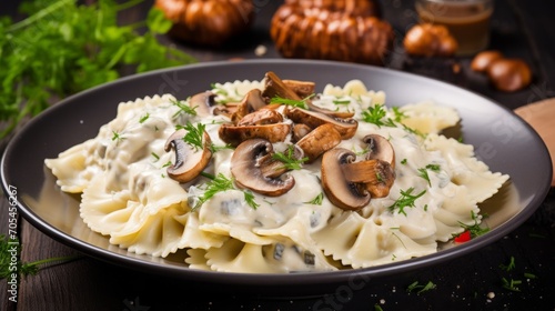 Creamy Mushroom Pasta on Wooden Table