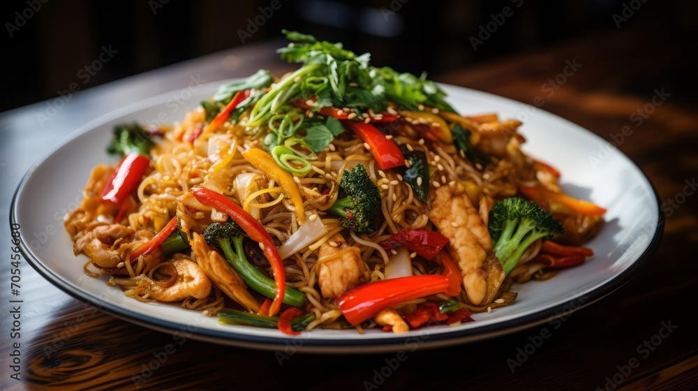 Stir-Fried Noodles with Vegetables on Plate Stir-Fried Noodles with Vegetables on Plate