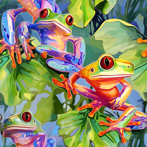 Rainforest Frogs, Watercolor, vector, Seamless patterns
