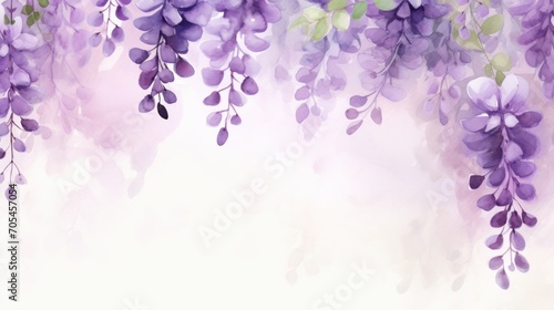 Wisteria flowers in watercolor background, card background frame, clipart for greeting cards, save the date, copy space. Perfect concept for wedding, Mother's Day, Valentine's Day, 8 March. photo