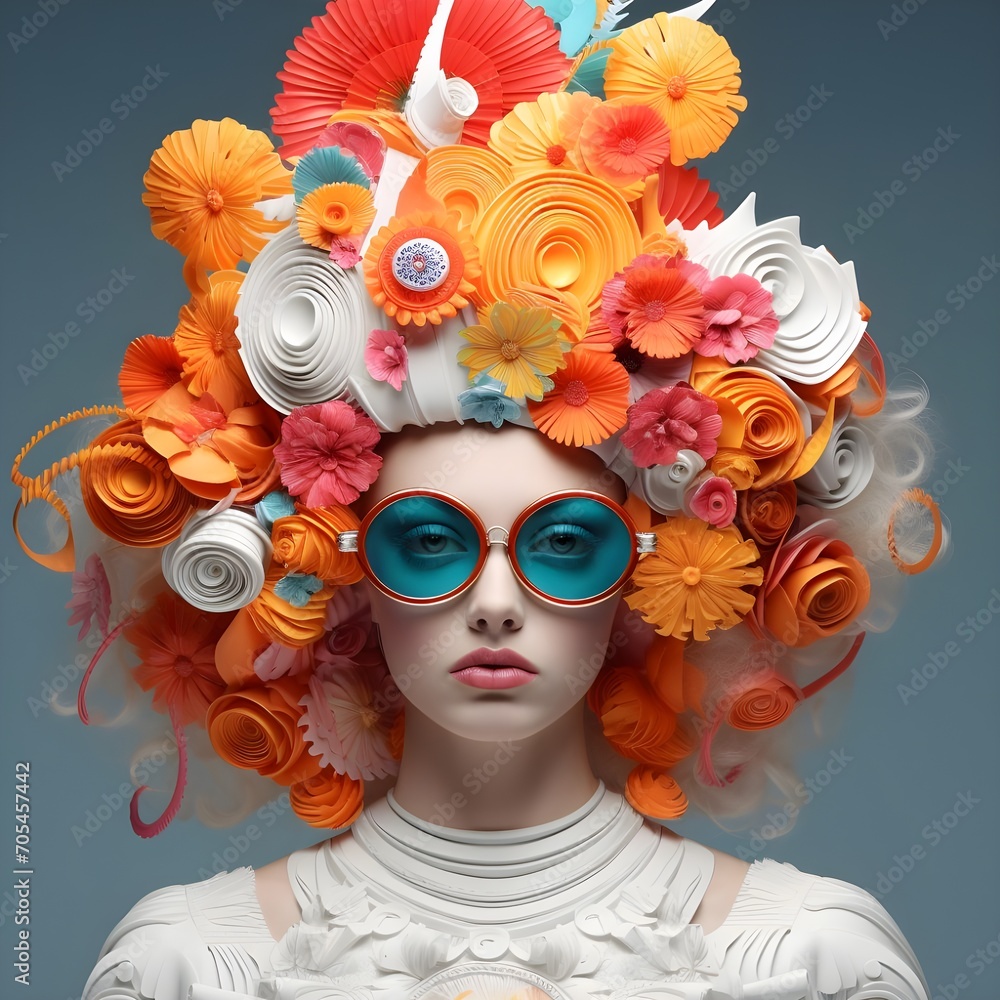 beautiful young woman face model fashionista with colored flower paper on head