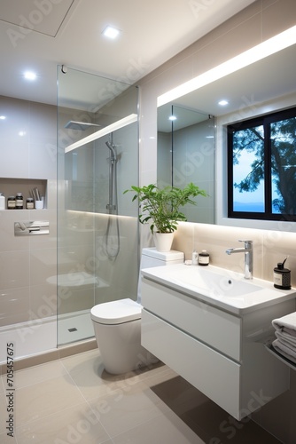 Modern bathroom interior with large glass shower and white vanity