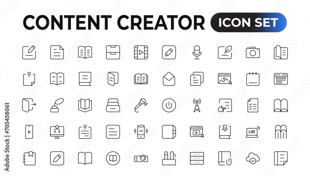 Set of outline icons related to content creation, media. Linear icon collection. Editable stroke. Vector illustration Set of outline icons related to content creation, media. Linear icon collection. Editable stroke. Vector illustration